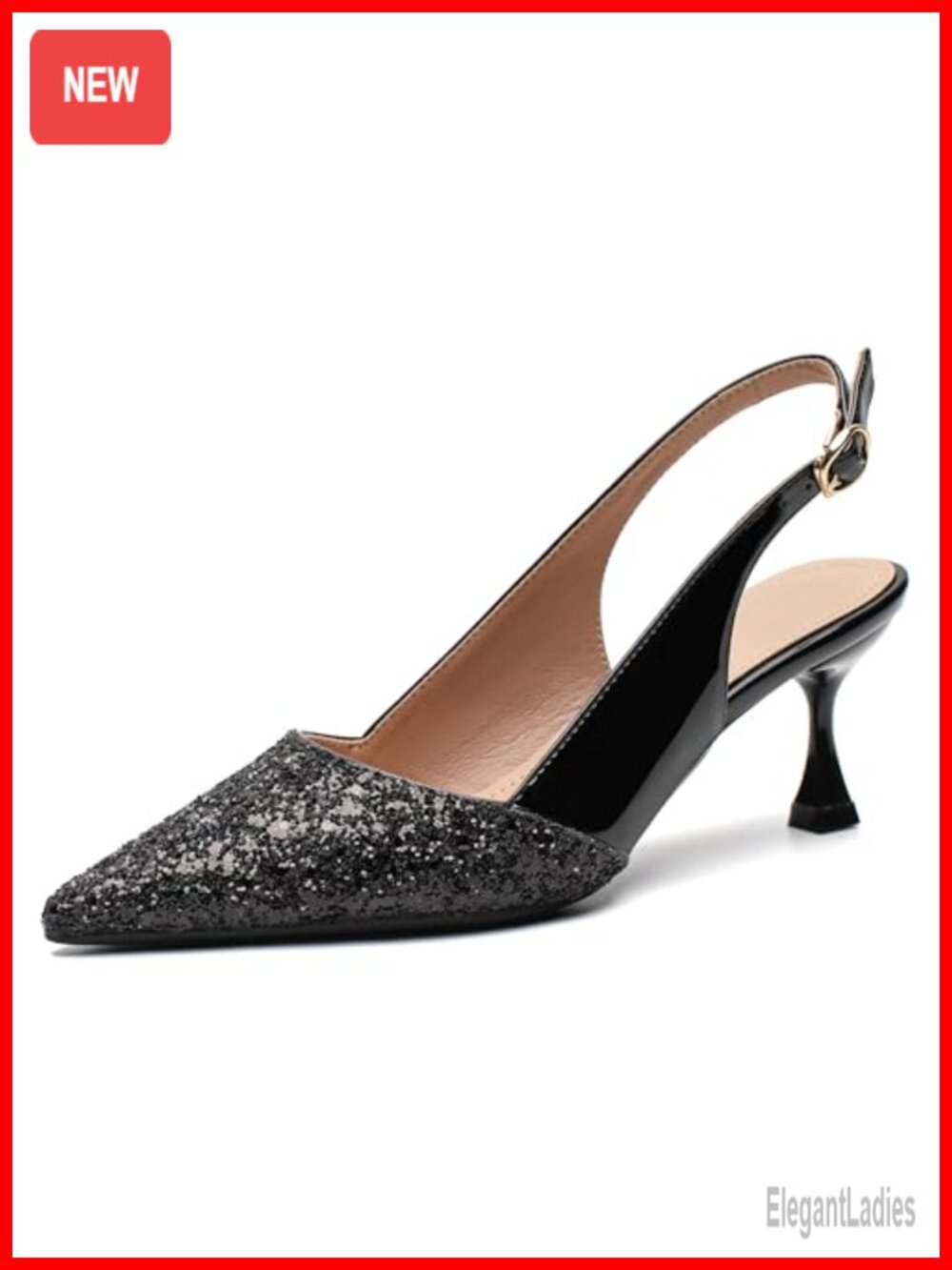 Women's Kitten Heel Sequin Pointed Toe Faux Leather Slingback Pumps